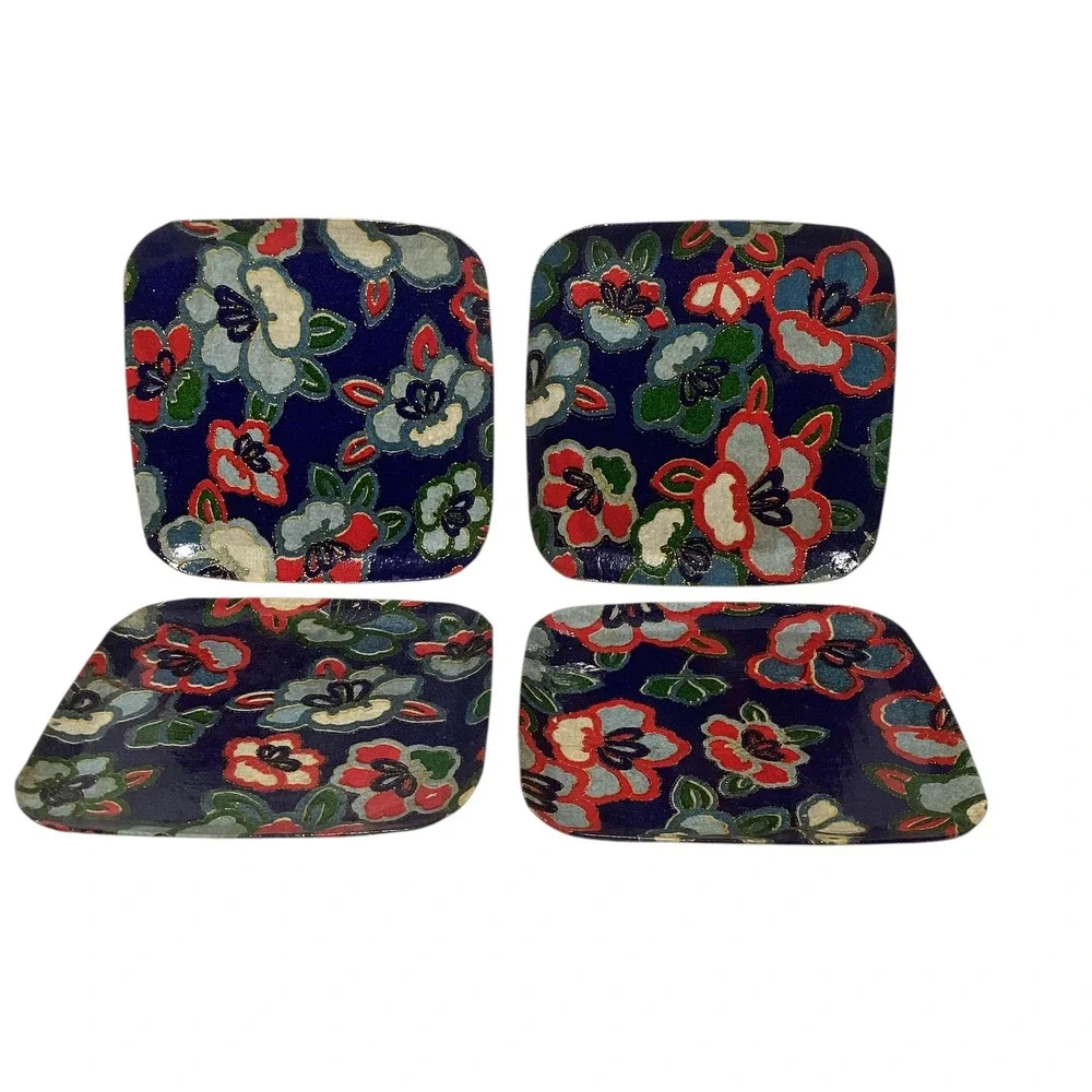 Set of 4 Floral Square Small Decor Plates Blue Red White Gold Gilded Trinkets